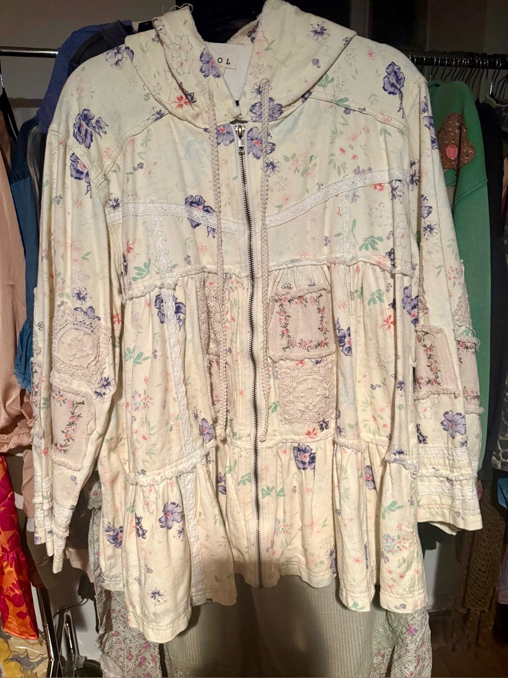 POL Boho Floral Hooded Denim Zip Jacket - Cream with Lavender Floral